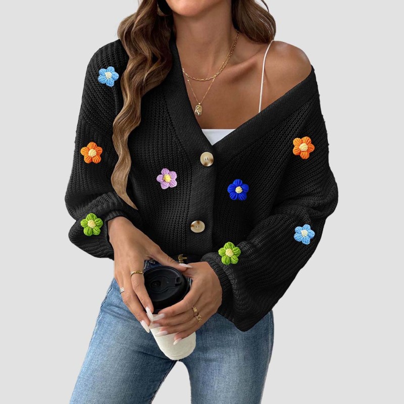 Hand-knitted flower-patterned patchwork sweater casual and fashionable sweater short button-up cardigan sweater