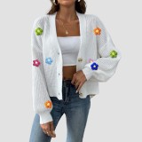 Hand-knitted flower-patterned patchwork sweater casual and fashionable sweater short button-up cardigan sweater