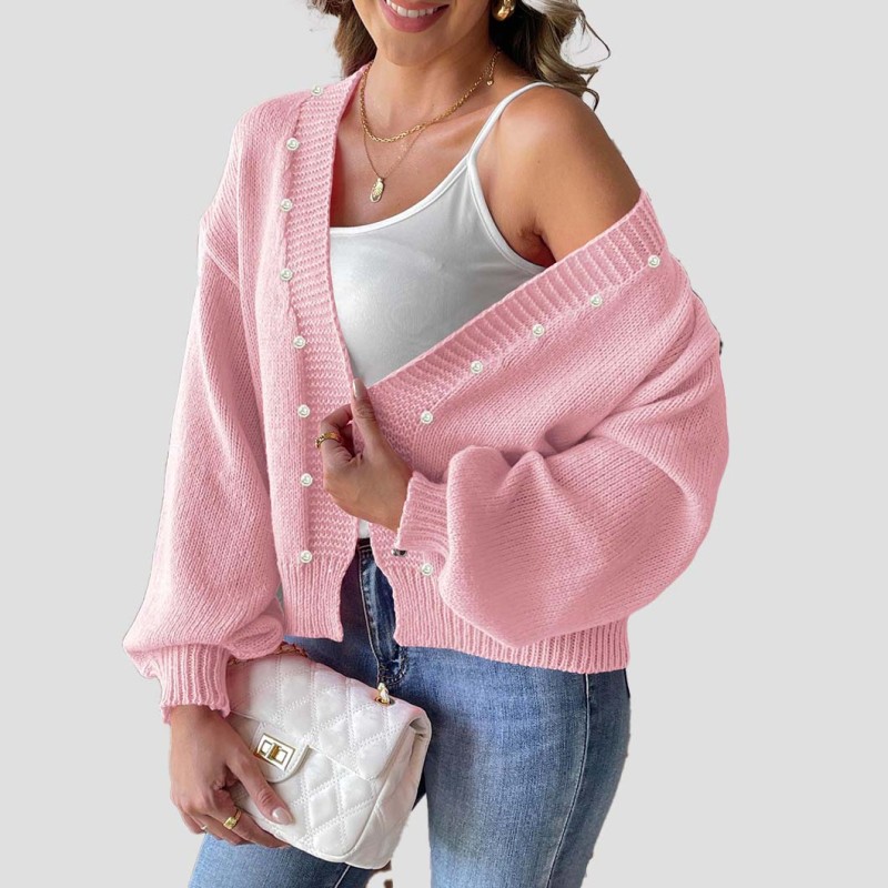 Women's short pearl beaded cardigan sweater new autumn-winter style casual loose-fitting sweater machine-woven without buttons