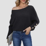 One-shoulder loose sweater casual and fashionable sweater pearl-buttoned batwing sleeve sweater