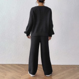 Women's woolen set sweater casual and fashionable sweater V-neck loose top + solid-colored wide-leg straight-leg pants sweater set