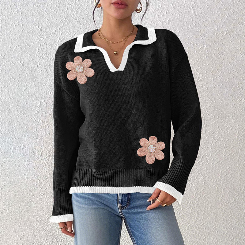 Floral embroidery beaded sweater fall/winter casual fashionable sweater collar with contrasting color patchwork design sweater