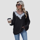 Deep V sexy embroidered lace sweater new autumn-winter style casual loose sweater patched V-neck pullover sweater