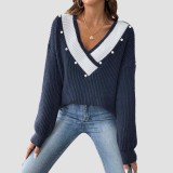 Color-blocked V-neck sweater casual and fashionable sweater pullover machine-woven sweater
