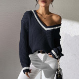 College-style color-block V-neck sweater casual and fashionable sweater long-sleeved beaded base layer sweater