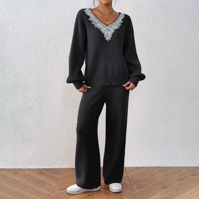 Women's woolen set sweater casual and fashionable sweater V-neck loose top + solid-colored wide-leg straight-leg pants sweater set