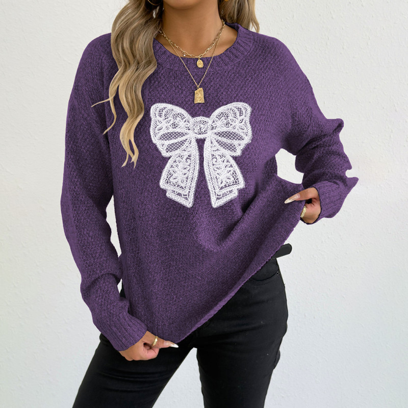 Round-neck pullover sweater casual and fashionable sweater embroidered lace butterfly stitched woven sweater