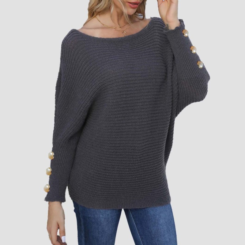 One-shoulder loose sweater casual and fashionable sweater pearl-buttoned batwing sleeve sweater