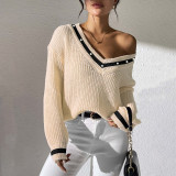 College-style color-block V-neck sweater casual and fashionable sweater long-sleeved beaded base layer sweater
