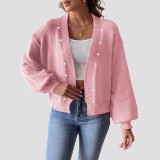 Women's short pearl beaded cardigan sweater new autumn-winter style casual loose-fitting sweater machine-woven without buttons