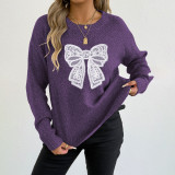 Round-neck pullover sweater casual and fashionable sweater embroidered lace butterfly stitched woven sweater