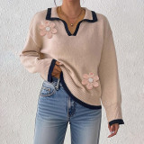 Floral embroidery beaded sweater fall/winter casual fashionable sweater collar with contrasting color patchwork design sweater