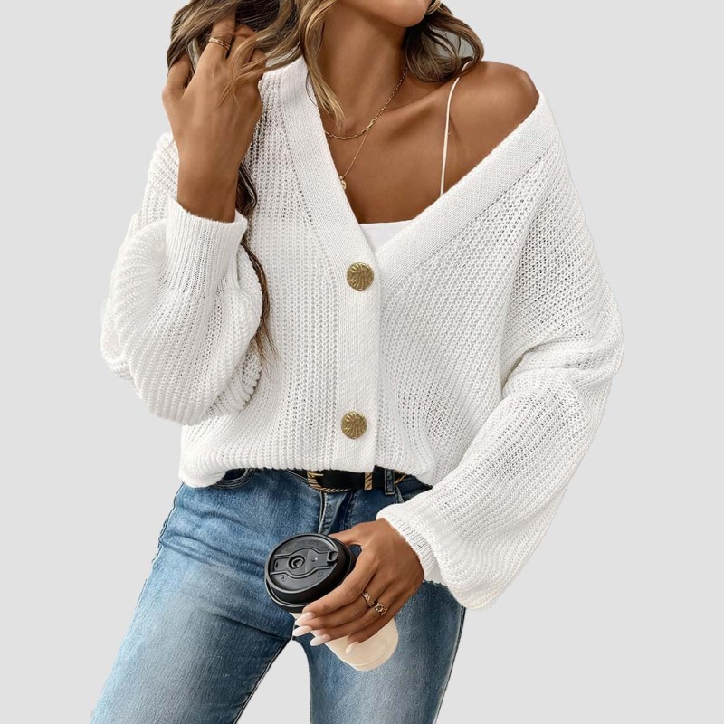 Simple short-sleeved golden-buttoned sweater casual and fashionable sweater woven sweater