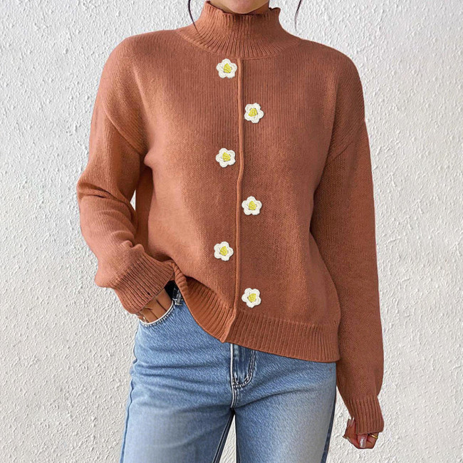 Women's half-neck pullover sweater casual and fashionable sweater three-dimensional crochet flower-decorated base layer sweater