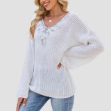 Deep V sexy embroidered lace sweater new autumn-winter style casual loose sweater patched V-neck pullover sweater