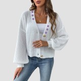 Floral embroidery patchwork sweater fall/winter casual fashionable sweater short buttoned blazer with drawstring cardigan sweater