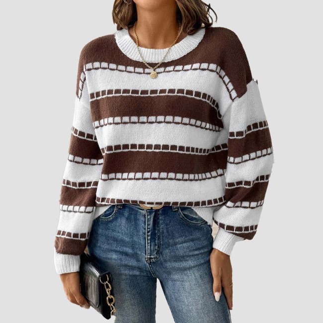 Contrasting color plaid sweater casual and fashionable sweater multi-color pullover loose sweater