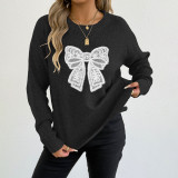 Round-neck pullover sweater casual and fashionable sweater embroidered lace butterfly stitched woven sweater