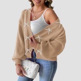 Fall and winter cardigan sweaters casual and fashionable sweaters ribbon and bow patchwork sweaters