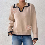 Floral embroidery beaded sweater fall/winter casual fashionable sweater collar with contrasting color patchwork design sweater