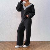 Women's woolen set sweater casual and fashionable sweater V-neck loose top + solid-colored wide-leg straight-leg pants sweater set