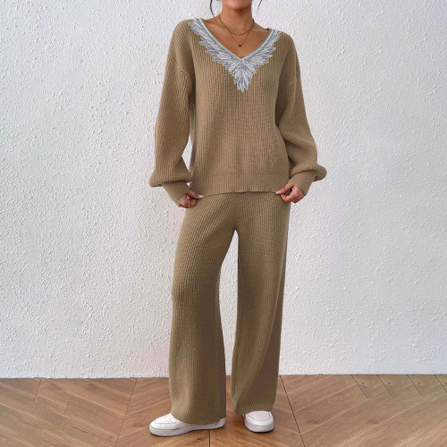 Women's woolen set sweater casual and fashionable sweater V-neck loose top + solid-colored wide-leg straight-leg pants sweater set