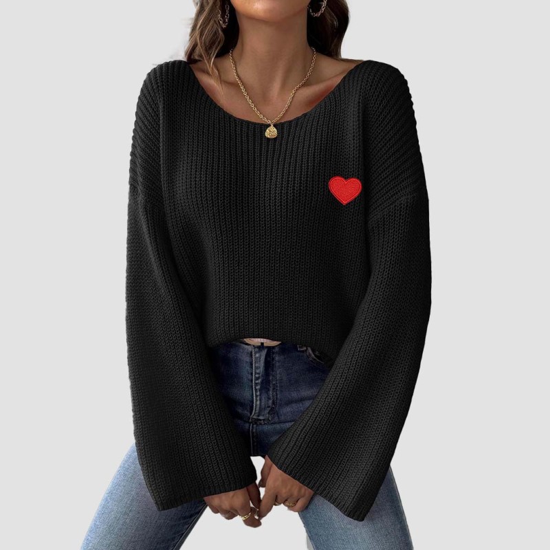 One-shoulder open-neck sweater fall-winter casual and fashionable sweater trumpet sleeve heart embroidery patch heart sweater