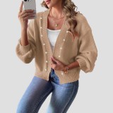 Women's short pearl beaded cardigan sweater new autumn-winter style casual loose-fitting sweater machine-woven without buttons