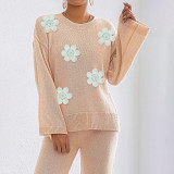 Three-dimensional embroidered beaded flower patchwork sweater fall/winter casual loose-fitting sweater long-sleeved round-neck pullover sweater