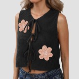 Sexy solid-color bow tie strap sweater fall-winter casual fashionable sweater embroidered flower knitted blazer with strap open cardigan sweater