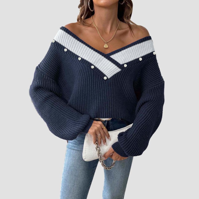 Color-blocked V-neck sweater casual and fashionable sweater pullover machine-woven sweater