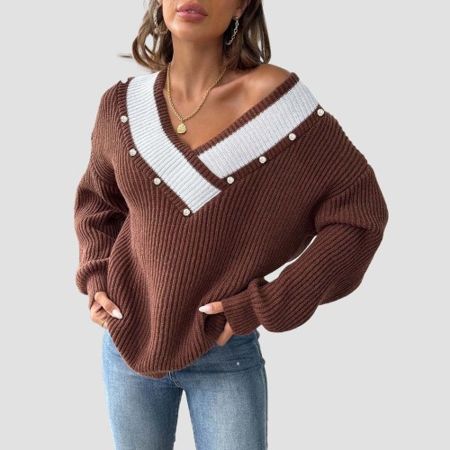Color-blocked V-neck sweater casual and fashionable sweater pullover machine-woven sweater