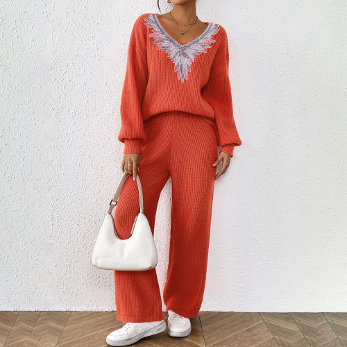 Women's woolen set sweater casual and fashionable sweater V-neck loose top + solid-colored wide-leg straight-leg pants sweater set