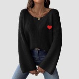 One-shoulder open-neck sweater fall-winter casual and fashionable sweater trumpet sleeve heart embroidery patch heart sweater