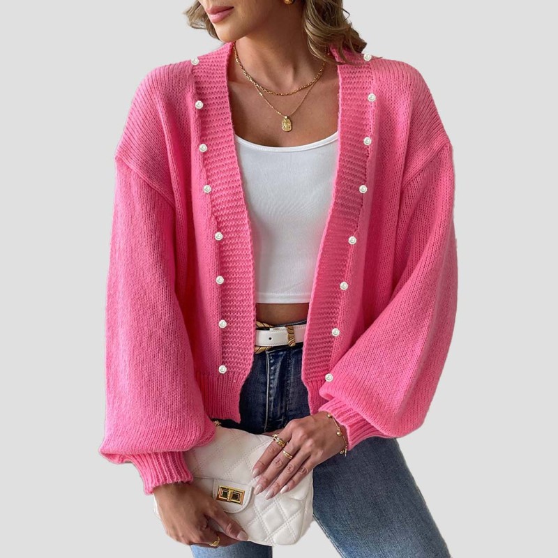 Women's short pearl beaded cardigan sweater new autumn-winter style casual loose-fitting sweater machine-woven without buttons