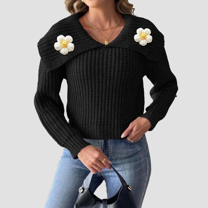 Hand-knitted flower-patterned patchwork sweater casual and fashionable sweater short-sleeved wide-neck pullover sweater