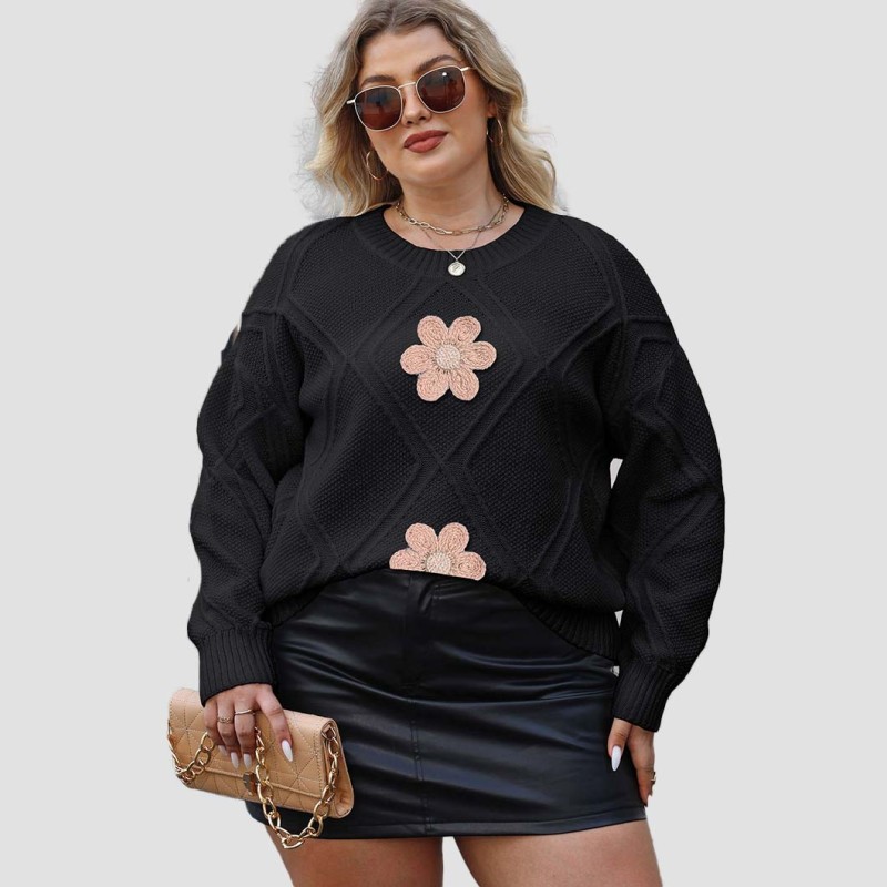 Big size loose diamond-patterned sweater casual and fashionable sweater flower-embroidered beaded sweater