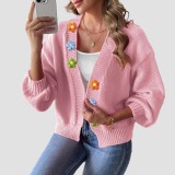 Hand-knitted flower-patterned patchwork sweater fall and winter casual loose-fitting sweater buttonless cardigan sweater