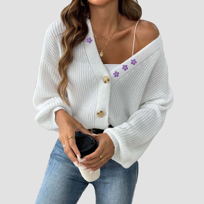 Floral embroidery patchwork sweater fall/winter casual fashionable sweater short buttoned blazer with drawstring cardigan sweater