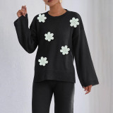 Three-dimensional embroidered beaded flower patchwork sweater fall/winter casual loose-fitting sweater long-sleeved round-neck pullover sweater