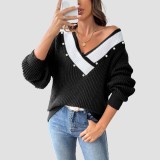 Color-blocked V-neck sweater casual and fashionable sweater pullover machine-woven sweater