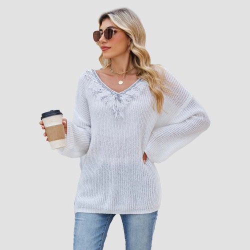 Deep V sexy embroidered lace sweater new autumn-winter style casual loose sweater patched V-neck pullover sweater