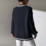 College-style color-block V-neck sweater casual and fashionable sweater long-sleeved beaded base layer sweater