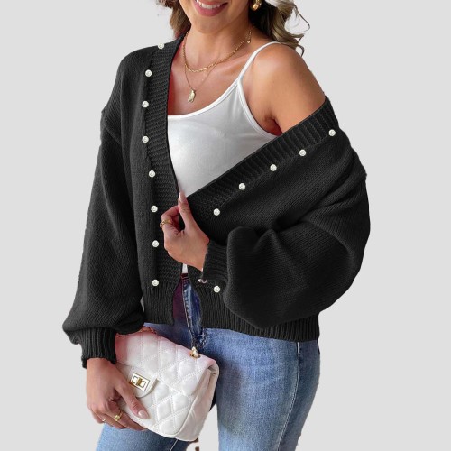 Women's short pearl beaded cardigan sweater new autumn-winter style casual loose-fitting sweater machine-woven without buttons