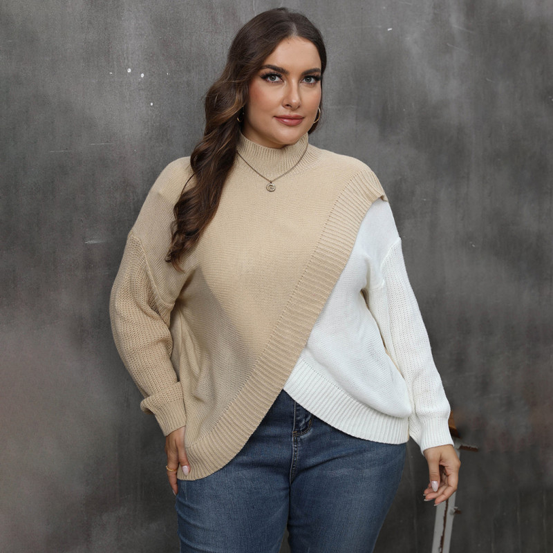 Fall/Winter large-sized half-neck pullover sweater casual and fashionable sweater color-blocked interwoven sweater