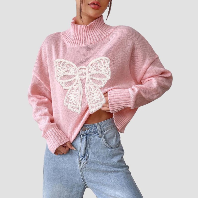 Short high-neck pullover sweater casual and fashionable sweater embroidered bow patch quilted base layer sweater