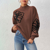 Half-neck lantern-sleeve pullover sweater casual and fashionable sweater three-dimensional ribbon-stitched flower sweater