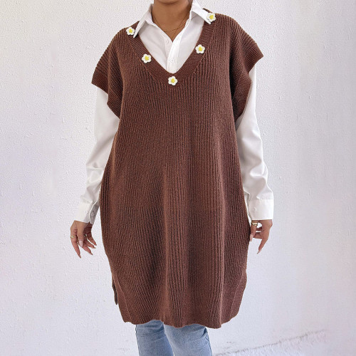 Hand-knitted flower-patterned patchwork sweater casual and fashionable sweater loose blazer-style skirt with deep V-neck top sweater