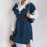 Hand-knitted flower-patterned patchwork sweater casual and fashionable sweater loose blazer-style skirt with deep V-neck top sweater