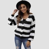 Fall and winter cardigan sweaters casual and fashionable sweaters color-blocked striped buttoned machine-woven sweaters